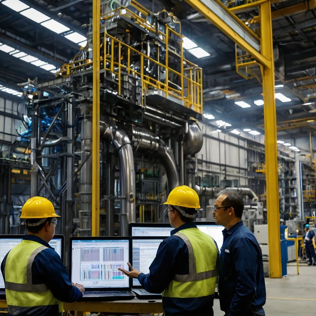 Three factory workers examining a digital twin on a computer screen, representing the use of digital twins in manufacturing for simulation and optimisation.