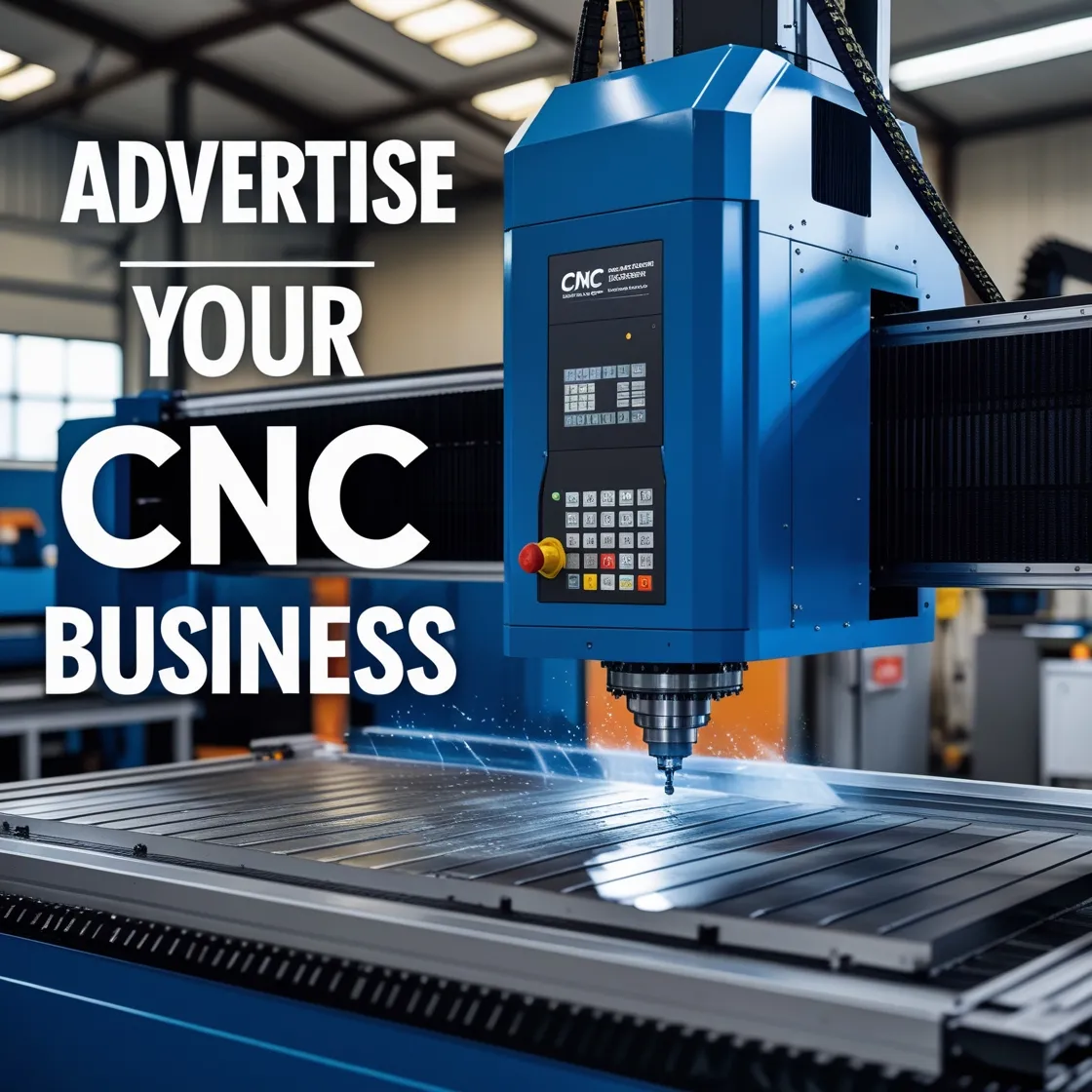 CNC (Computer Numerical Control) machine in operation, with sparks flying as it works on a piece of material, promoting CNC business services.