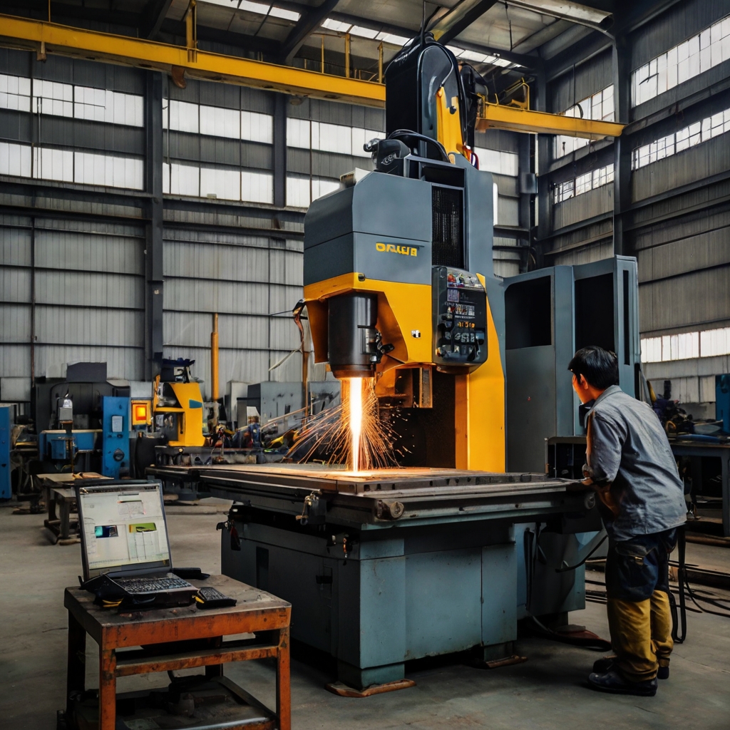 An industrial worker operating a large machine in a factory setting, representing the process of choosing the right manufacturer for a business.