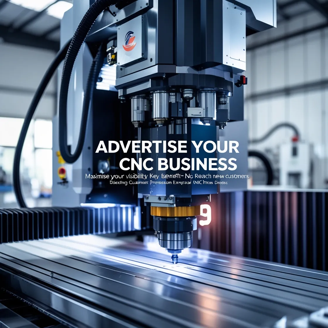 CNC machine in operation with text 'ADVERTISE YOUR CNC BUSINESS' and promotional details.