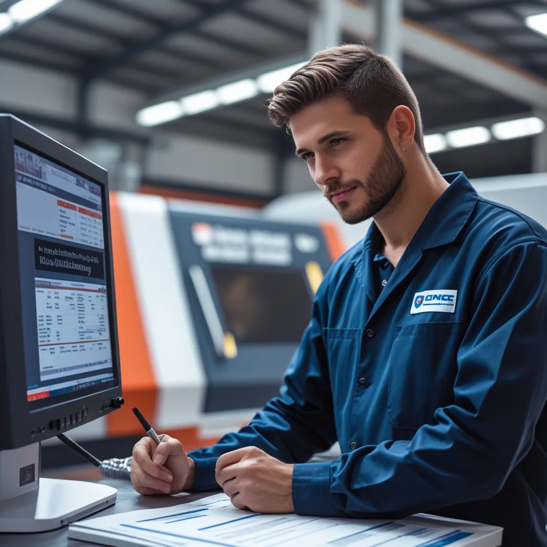 "Alt text: Person writing on paper at a desk in an industrial setting.