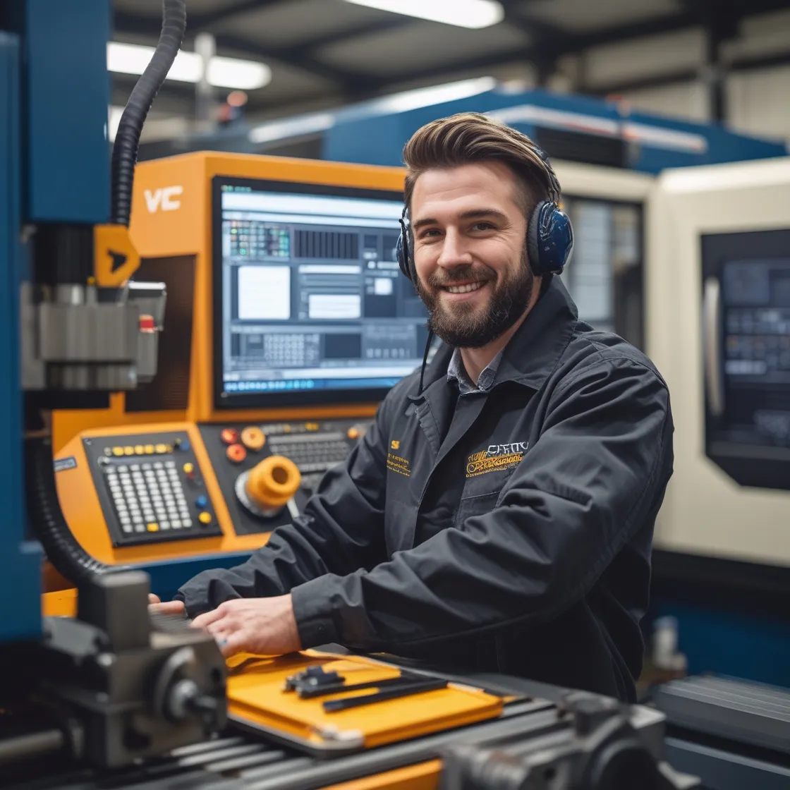 Person operating a CNC machine in an industrial setting with a focus on the control panel and machinery.